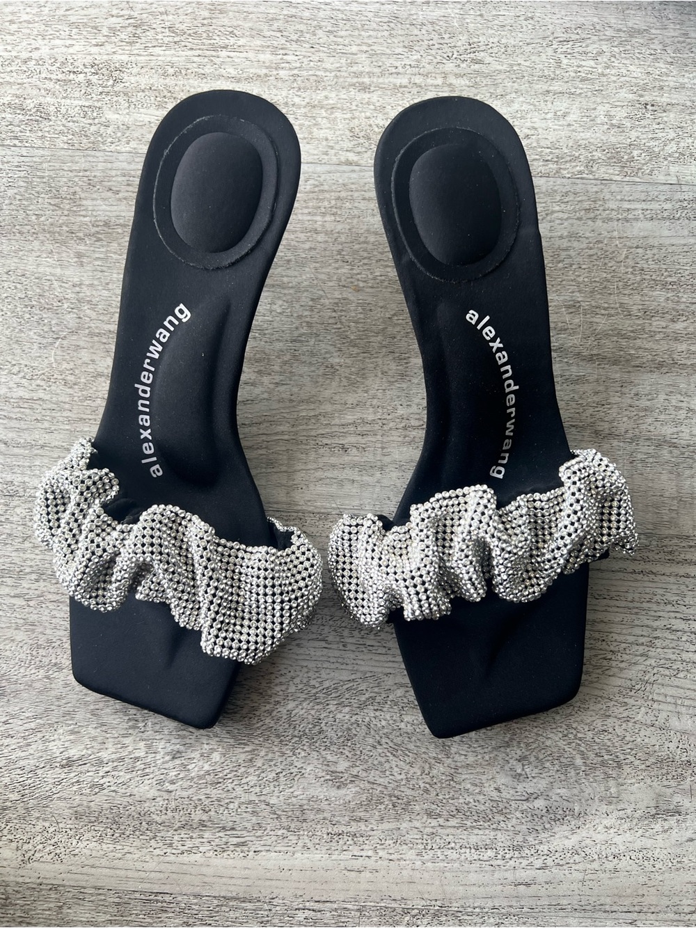Alexander Wang Black Slides with Silver Crystal Ruched Strap